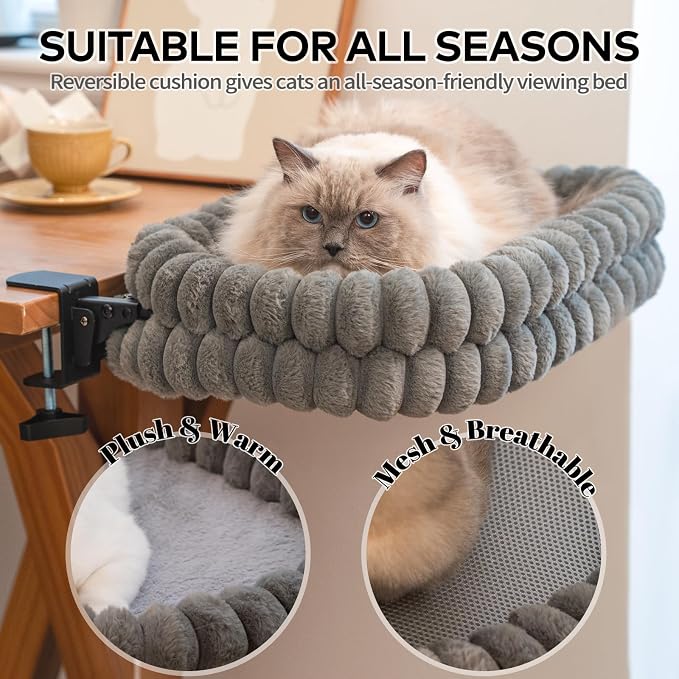 CHEERPALS Cloud Cat Bed Desk Mounted Hammock for Indoor Cats Perch Foldable | Reversible Mesh Warm Plush Mat, 90° Space Saving, Machine Washable Support Pet Bed for Kitty and Puppy(Grey, Medium) - Image 4