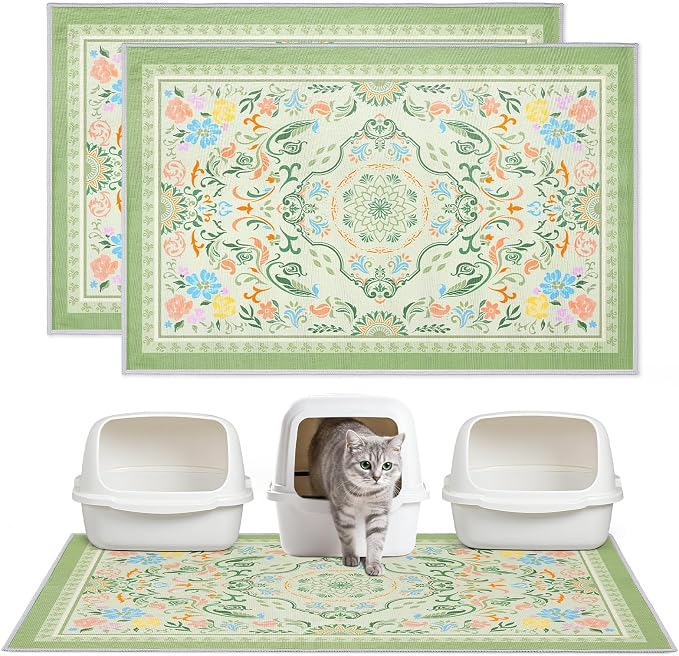 2 Pack Washable Cat Litter Mat 48"x36" Waterproof Trapping Pad | Kitty Litter Box Mat Featuring A Non-Slip Base And Decorative Design To Trap Scatter For Home Floor Protection by Hedgeink