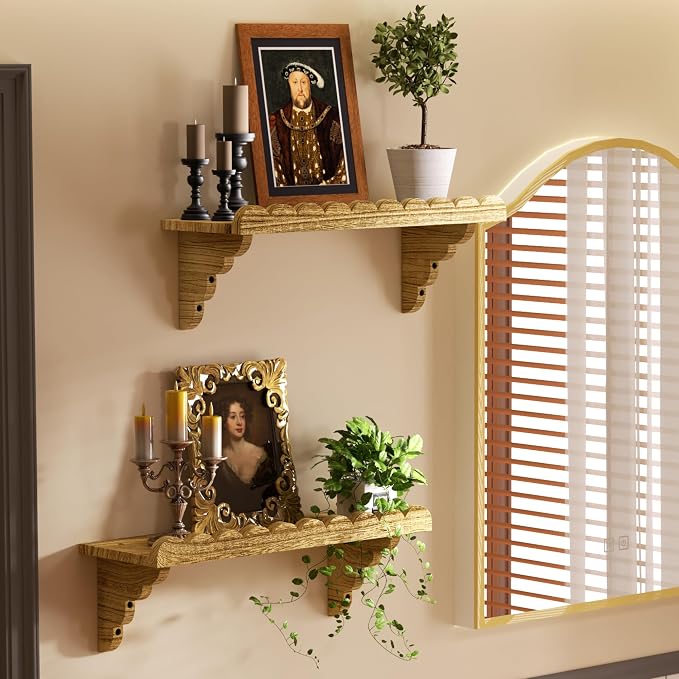 Scalloped Wood Wall Shelf – 17 Inch Floating Shelf with Wood Brackets, Easy to Install Rustic Wall Shelf for Living Room, Bedroom, Bathroom, or Any Space - Light Brown - Image 2