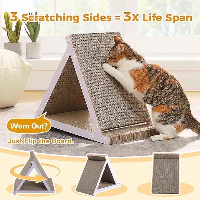 PEQULTI 18.5" Triangular Cardboard Cat Scratcher Pad Indoor Multi Cats | 18.5in triangular corrugated cardboard scratcher, stable base protects furniture for multiple indoor cats - Image 3