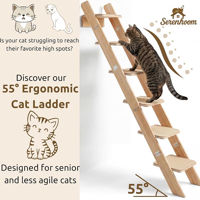 65" Tall 6-Level Cat Ladder for Window & wall | Fits Cats up to 20 lbs |Senior & Less Agile cat Stairs for Window with 55° Gentle Incline | Requires 43" Floor Clearance | No-Drill Glass Installation - Image 2