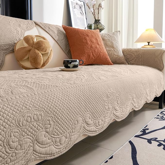 vctops Boho Cotton Quilted Couch Cover Soft Embroidered Sofa Cover Non-Slip Dog Bed Cover Scalloped Sofa Slipcover Washable Furniture Protector Cover (Khaki,43"x43") by vctops