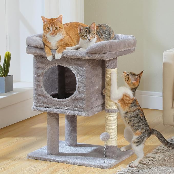 PAWZ Road 26" Cat Tree for Indoor Cats, Small Tower with 19X13”Bed | Cozy Cat Condo with Tall Sisal Posts & Spring Ball, Raised Edge Bed Keeps Cats Secure Compact for Corners or by Window by PAWZRoad