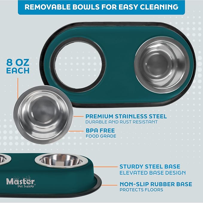 Master Pet Supply Double Dog Bowls Set with Elevated Base Emerald Sea | 2 - (8 oz) Stainless Steel Removable Dishes Double Cat Food Water Bowl, Dog Puppy Food Bowl Set, Rust Resistant, Raised Dish - Image 3