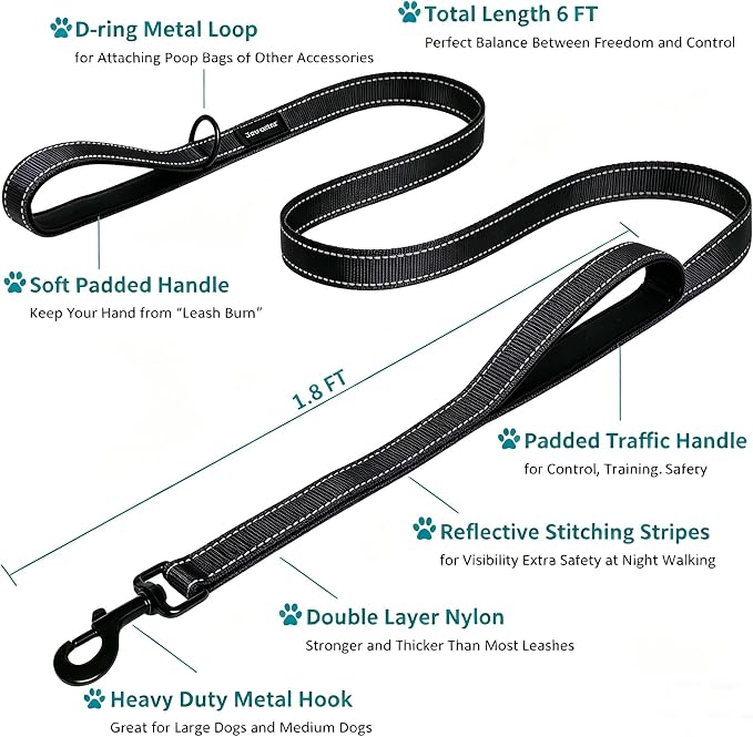 Heavy Duty Dog Leash - 2 Handles by Padded Traffic Handle for Extra Control, 6foot Long - Perfect for Medium to Large Dogs (6 ft, Black) - Image 2