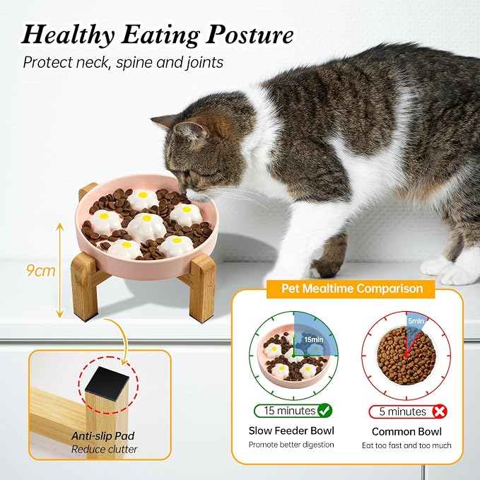 Elevated Ceramic Slow Feeder Cat Bowl with Anti-Slip Bamboo Stand | 6.3" Wide Whisker Friendly, Slow Eating 3x, Dry & Wet Food, Cute Flower-Shaped Maze, Microwave & Dishwasher Safe, White - Image 3