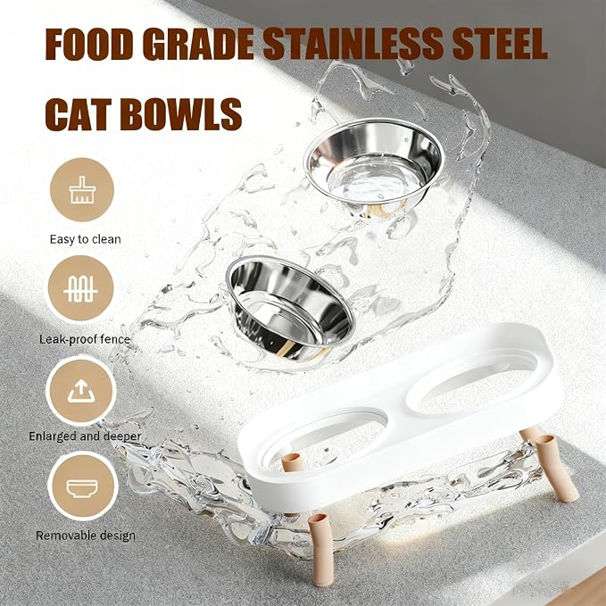 Elevated Cat Bowls, 2 Stainless Steel Raised Cat Food and Water Bowl Set, Splash Proof & Non-Slip, Whisker Fatigue Friendly, Dishwasher Safe for Cats and Small Dogs - White - Image 4