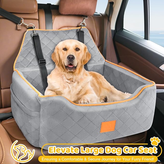 XIEEAOZEE Dog Car Seat for Large/Medium Dog, Booster Seat for Dogs Under 55Lbs or 2 Small Puppy, Detachable and Washable Travel Pet Bed with Thick Cushion and Storage Pockets (Gray) - Image 3