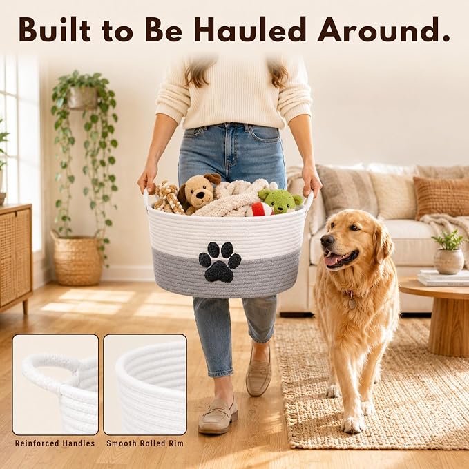Dog Toy Basket with Handles, Grey Cotton Rope Storage Bin Organizer | Neutral grey dog toy organizer that blends any decor. Holds toys, blankets & leashes. Spot wash, collapsible rope bin. - Image 5
