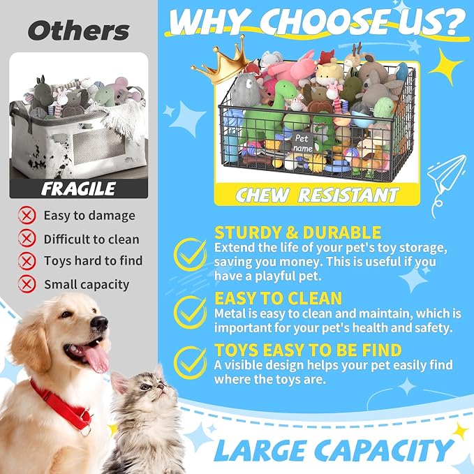 Kaiferty Indestructible Dog Toy basket, Large Toy Bin for Dogs,Pet Toy Bin Dog Metal Basket Organizer Storage for Toys Food Storage (Black) - Image 2