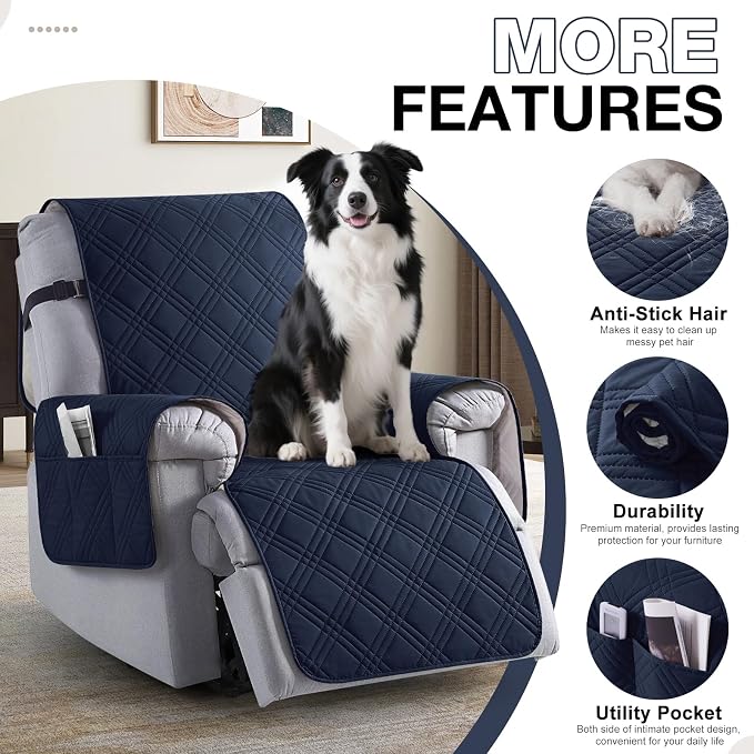TAOCOCO Waterproof Recliner Chair Covers 30 Inch Wide, Oversized Recliner Covers for Recliner Chair with Pocket, Recliner Slipcovers with Straps Furniture Protector for Kids Pets (30'', Dark Blue) - Image 5