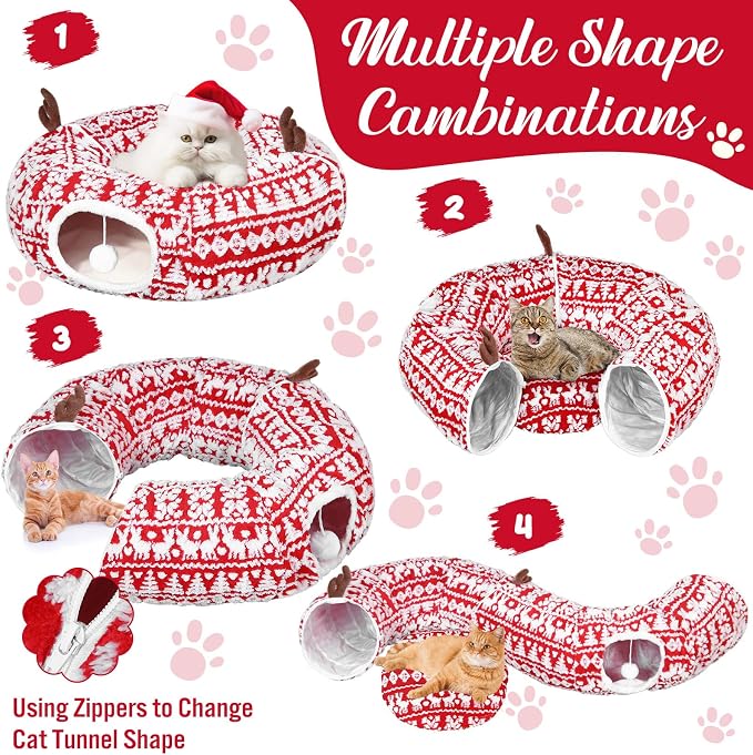 Dansydaisy Cat Tunnel Christmas Tree Skirt, Snowflake Deer Cat Tunnel Bed with Toys, Hanging Ball Plush Washable Cushion and Dangling Balls 3FT Peekaboo Playground for Small Medium Rabbit Xmas Decor - Image 4