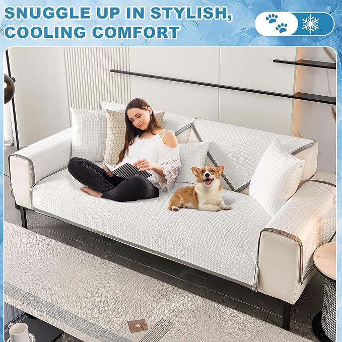 OTOB Cooling Couch Cover for Dogs Washable Non Slip Sofa Protector, 1 Piece | Luxury Cream, 35.4"x70.9", Premium Ice Silk Fabric, Modern Geometric, Soft, 3D Breathable, Pet Friendly Furniture Cover - Image 9
