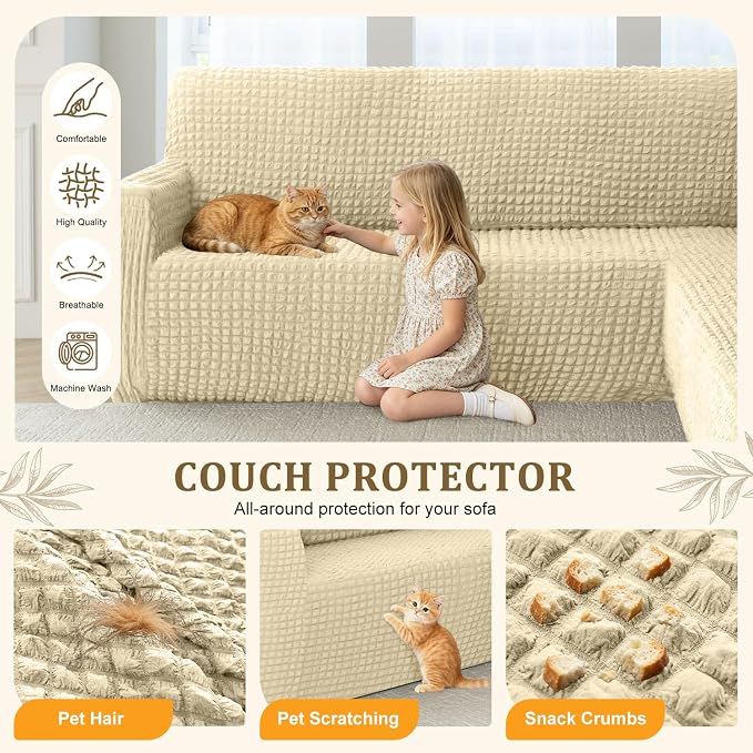ALIECOM Corner Sectional Couch Covers Washable Sofa Cover L Shaped Couch Cover for Dogs Pets Stretch Soft Sectional Slipcovers with Non Slip Strips U Shape Furniture Protector (Bubble-Beige, Small) - Image 6