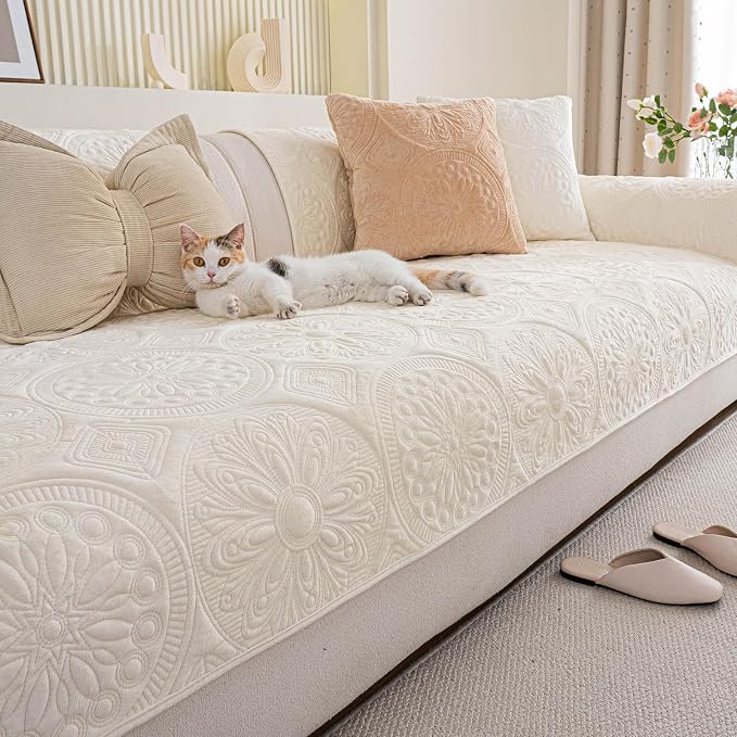 Couch Covers for Sofa, Flower Couch Cover for Dogs, Bohemia Sofa Covers Washable, Anti Slip Furniture Protector Covers for L Shaped(1pc, Beige White, 35.4"x 70.9") by MDSASFD