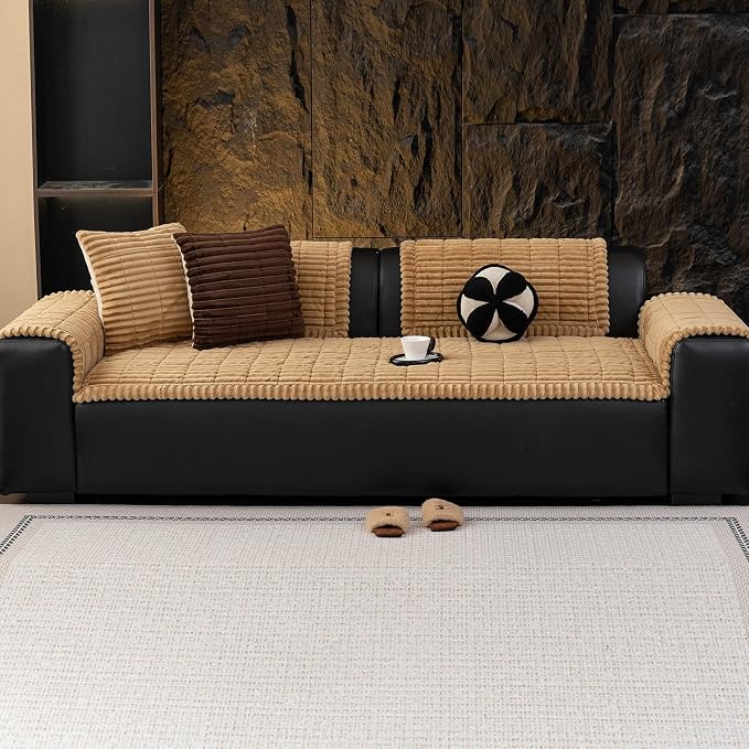 Sofa Couch Cover, Sofa Covers for Dogs Washable, Non-Slip Striped Sofa Slipcovers for Sectional Sofa, Sofa Cover Furniture Protector for L Shaped(Khaki, 27.6"x 70.9") - Image 7
