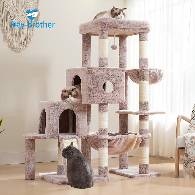 Hey-brother Cat Tree Tower with Plush Steped Condos, Big Platform, MPJ071MU | 50 Inches Tiered Climbing Cat House with Sisal Scratching Posts, Spacious Hammock, Cozy Basket for Indoor Cats, Muchroom - Image 8