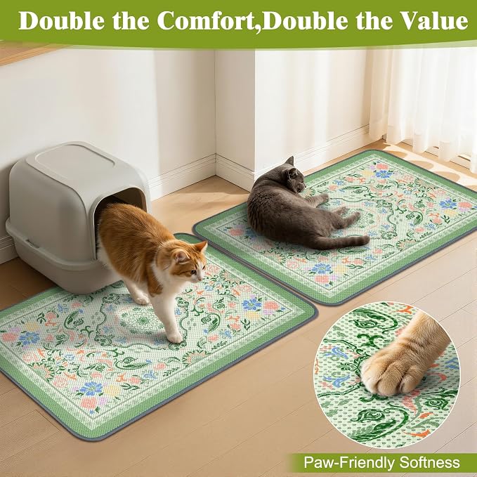 Unicorn Catcher 33X22in 2packCat Litter Mat Machine Washable Soft 3D Air Mesh Litter Box Rug Non-Slip Backing Quick Dry Scatter Control for Paws,Bean Green - Image 4