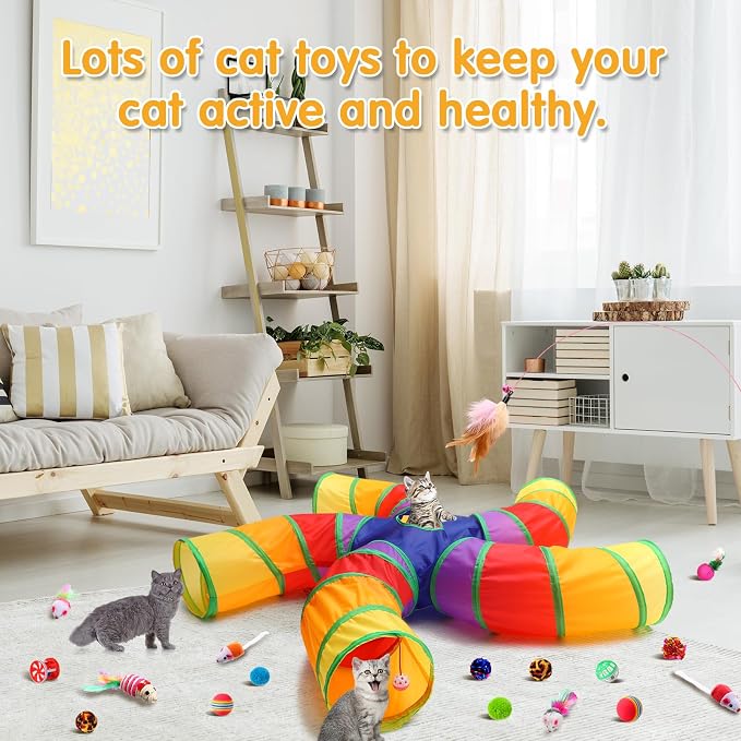 Poen 21 Pcs Cat Tunnel for Indoor Set Collapsible 5 Way Tubes with 20 Pcs Cat Kitten Toys Interactive Feather Toy Mouse Crinkle Balls Tube for Puppy Kitten Rabbit(Colorful) - Image 5