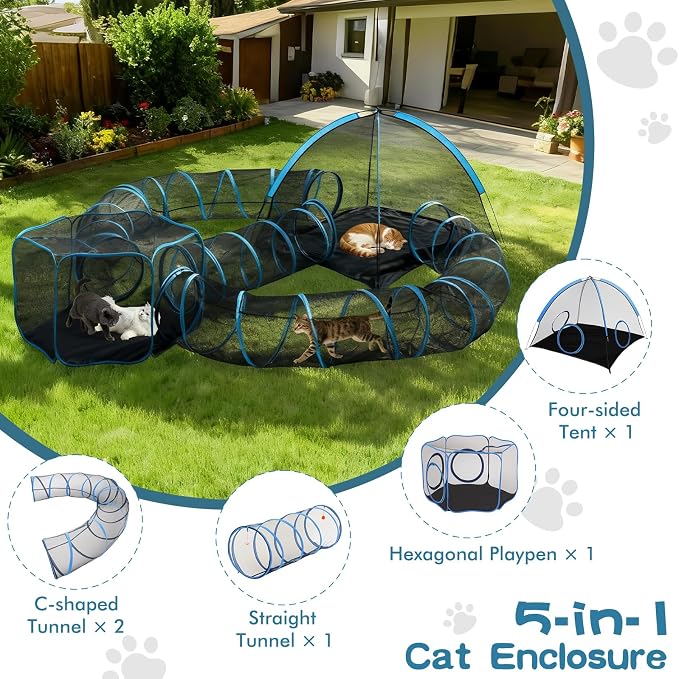 5-in-1 Outdoor Cat Enclosure, Portable Catio Tent with Tunnel | 2 Rooms & 3 Tunnels, Breathable Mesh, Carry Bag, Interactive Toys, Multi-Entry Doors, Indoor & Outdoor Use for Small pets - Image 2