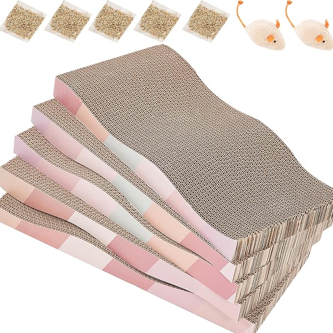SIDAZON Cat Scratching Pads Cardboard Cat Scratchers for Indoor Cats Reversible Large Wide Corrugated with Catnip and Mini Toy(5pcs) - Image 8