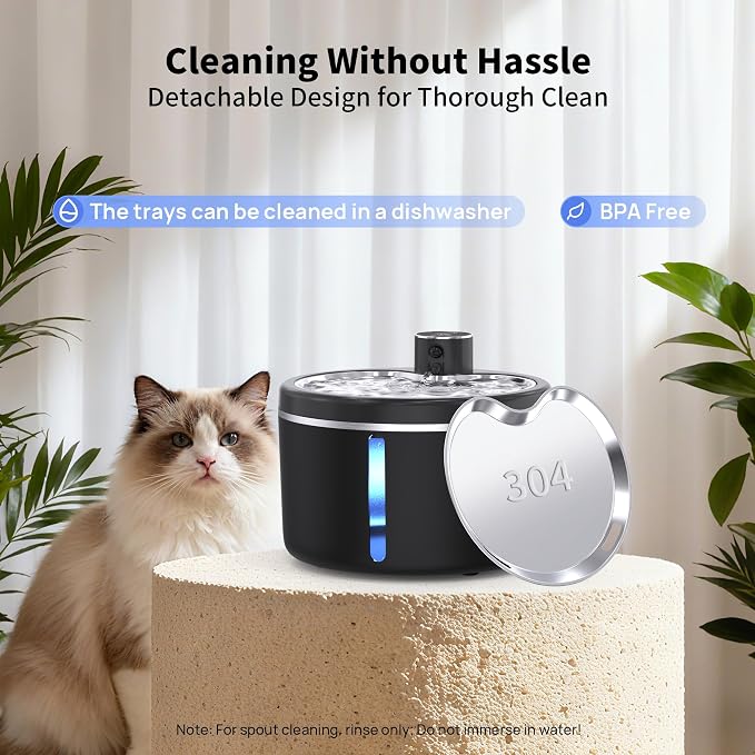 Cat Water Fountain Cordless, 108oz/3L Pet Fountains for Cats Indoor with Stainless Steel Tray, Battery Operated Cat Drinking Fountain with Motion Sens - Image 6