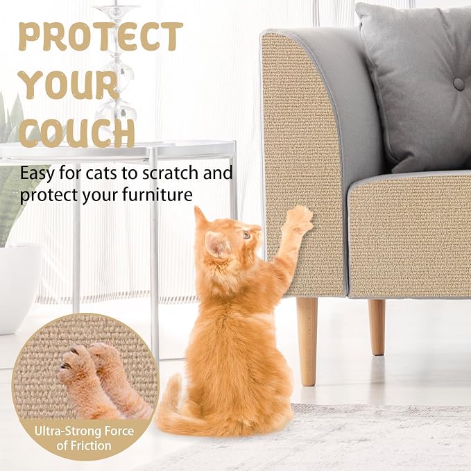 LSGCQ Cat Scratch Mat Self Adhesive Cat Scratch Furniture Protector | Self Adhesive Cat Scratching Mat Replacement for Cat Tree Post Couch Wall Furniture Protector (39.3" x 15.8", Beige) - Image 4