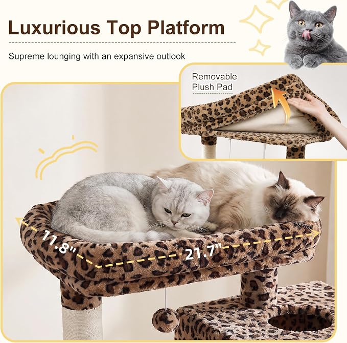 Heybly Cat Tree, 76-Inch Tall Heavy Duty Cat Tower for Big Cats HCT039BW | Multi-Level Large Cat Furniture with Extra Wide Baseboard, 2 Condos & 2 Hammocks, 10 Scratching Posts, Leopard Print - Image 3