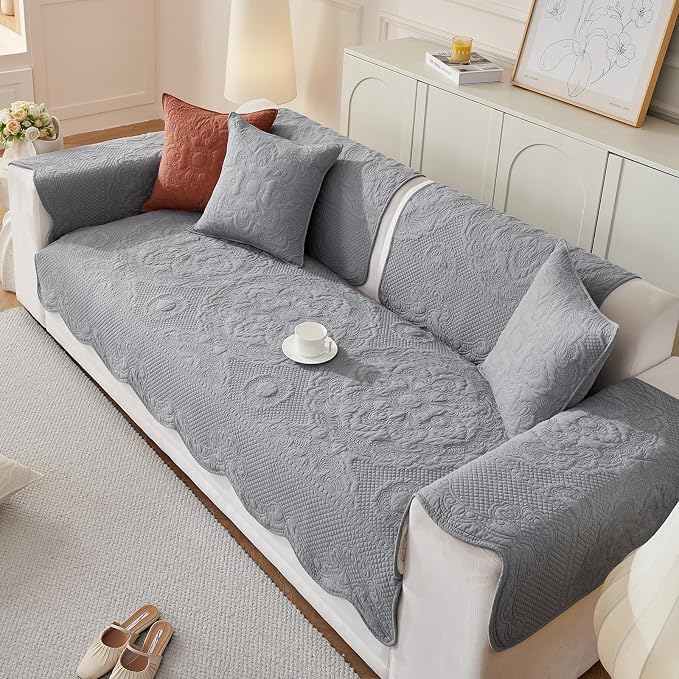 vctops Boho Cotton Quilted Couch Cover Soft Embroidered Sofa Cover Non-Slip Dog Bed Cover Scalloped Sofa Slipcover Washable Furniture Protector Cover (Light Grey,28"x59") - Image 5
