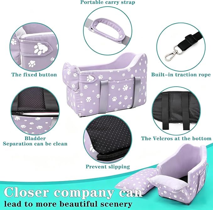 Center Console Dog Car Seat for Medium Dogs,Purple | Portable Armrest Booster With Soft Cushion Safety Belt, Up To 21 Lbs - Image 6