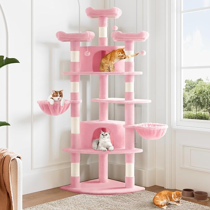 Allewie 73in Fan-Shaped Space-Saving Corner Cat Tower/Multi-Level Tall Cat Tree for Indoor Kitties/Cozy Baskets/Condos/House/Perches/Sisal Scratching Posts/Pet Activity Center/Pink - Image 2