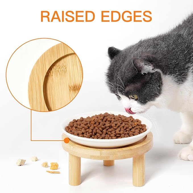 Shallow Elevated Cat Bowls, 2, White (Fish Bone), Bamboo Stand | 5.9 Inch Wide, Ceramic Dishes, Whisker Friendly, Raised Pet Food, Adjustable - Image 5