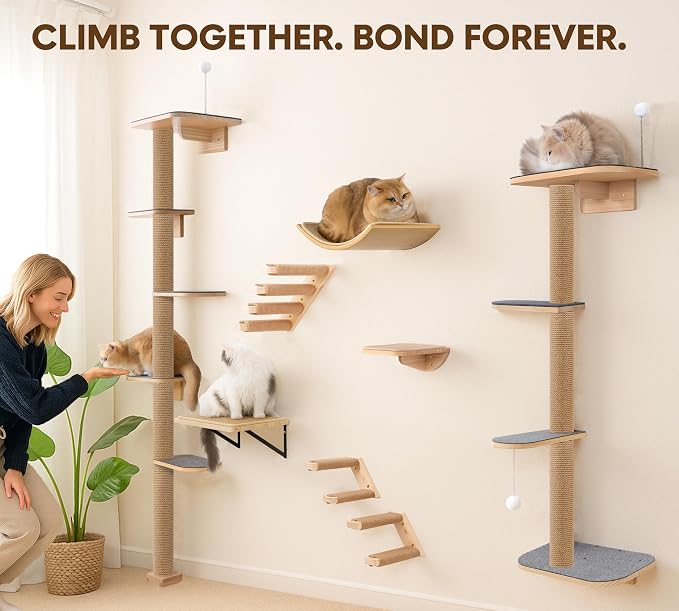 Floor to Ceiling Cat Tree for Kittens, 5-Tier Wall Mounted Cat Wall Shelves with Grey Felt Pads, Adjustable Wild Simulation Cat Tower, Natural Pine Wood Platforms for Climb, Scratch and Lookout - Image 5