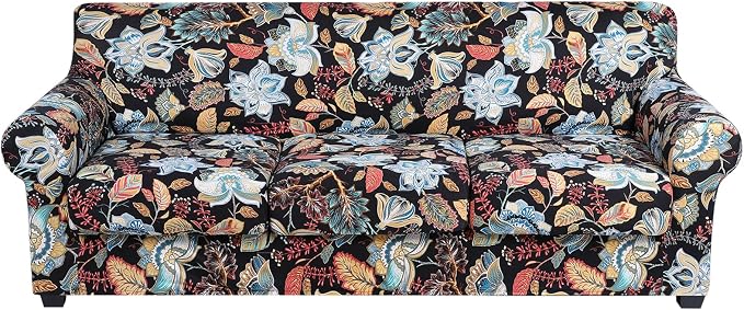 hyha Stretch Couch Covers, Sofa Cover for 3 Cushion Couch Pet Friendly | Floral Pattern, Printed, 4 Pieces, 3 Separate Cushion Sofa, Durable Anti-slip Washable Protector with Elastic Bottom for Dogs by hyha