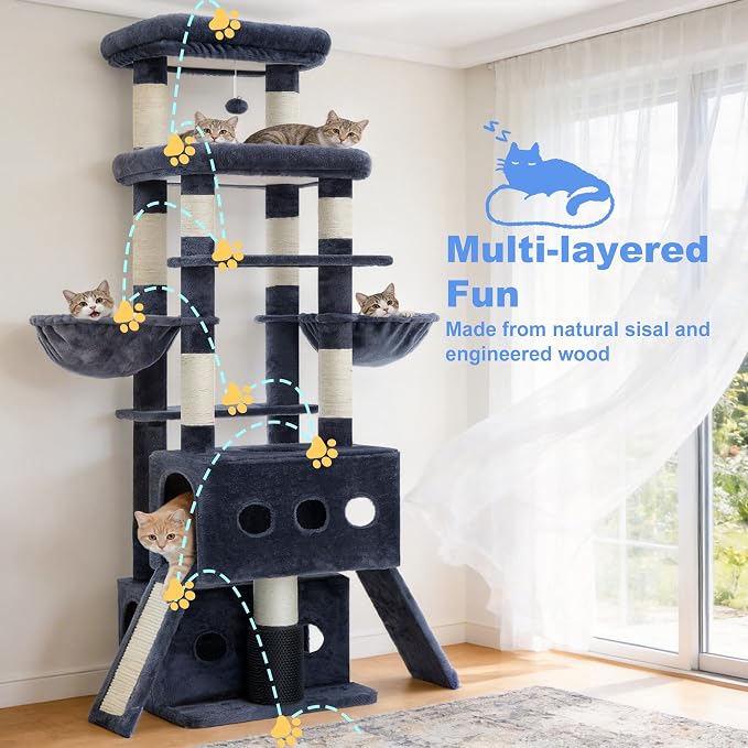 Hey-brother Cat Tree Tower with Multi-Level Platforms, Cozy Condos, MPJ085G | 71.5 Inches Cats House, Scratching Posts with 2 Hammocks, Scratch Board, 2 Plush Baskets for Multiple Indoor Cats, Smoky Gray - Image 7