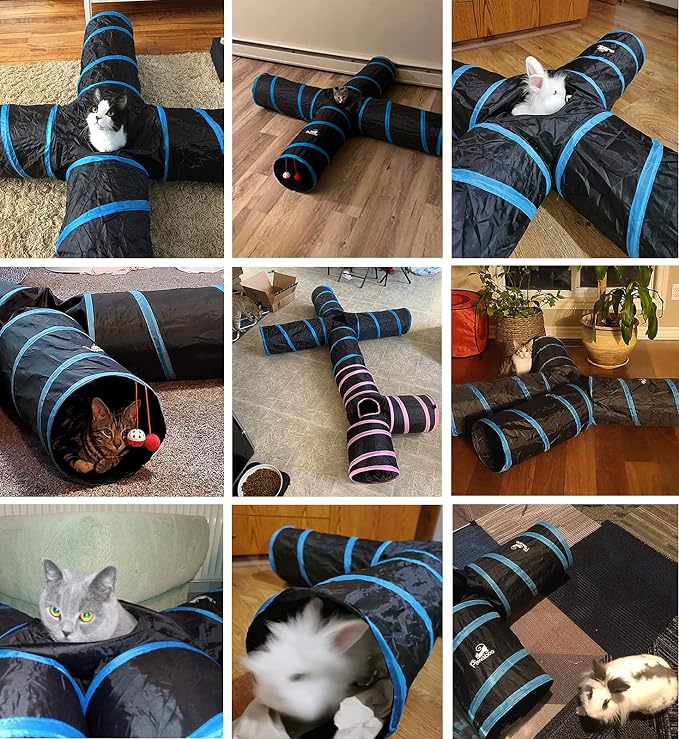 Pawaboo Cat Tunnel Tube 4 Way, 25x53cm, Blue | Extensible Collapsible, Interactive Toy Maze Cat House, With Balls and Bells, For Cat Kitten Kitty Rabbit Small Animal - Image 2