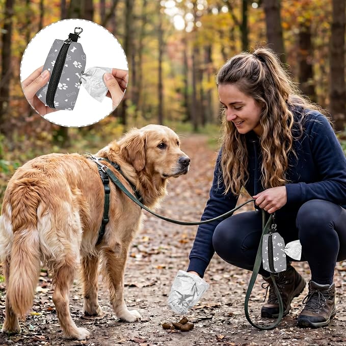Dog Poop Bag Holder for Leashes with Zippered - Paws & Bones | 3.7x2x1.6 INCH, Polyester, Waste Bag Dispenser, Durable, Portable, Lightweigh, Compact, With Key Chain, Pet, Doggy, Gray - Image 5