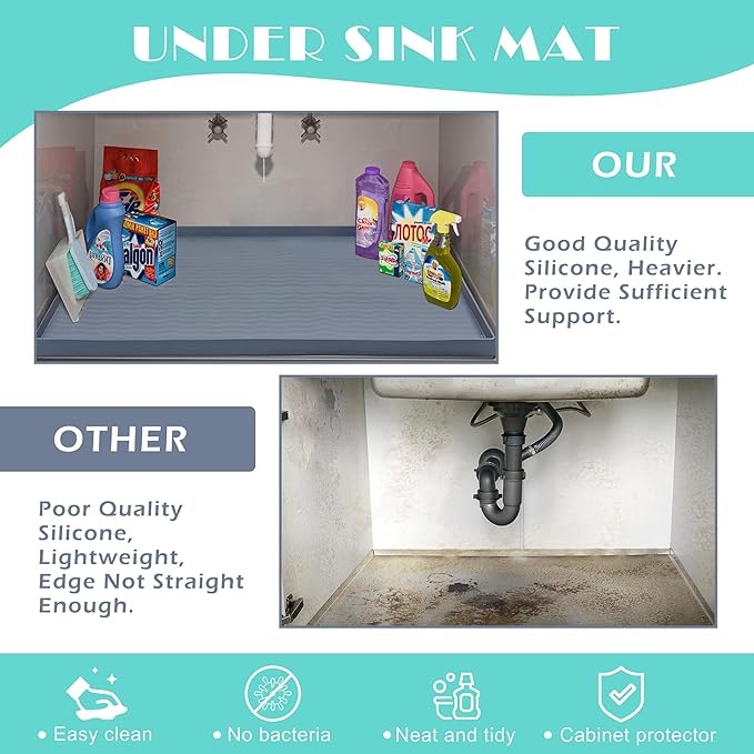 URMONA Waterproof Silicone Under Sink Mat 28'' x 19'' Shelf Liner for Kitchen and Bathroom, Cabinet and Counter Protector, Storage and Organizers, Litter Mat, Pet Cat Puppy Essentials(Black) - Image 5