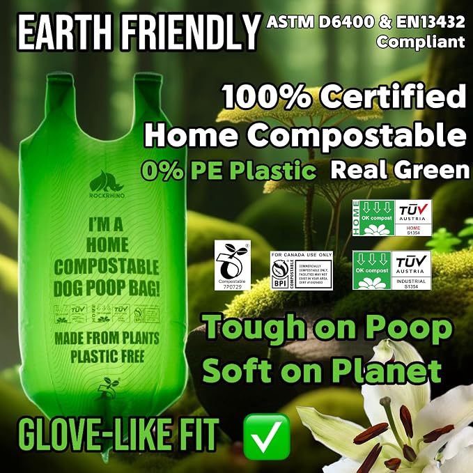 RockRhino XL Dog Poop Bags, Ultra Thick & Deep, 4-Layer Interlocked Bottom | 17.7 x 9.4'', 21+μm Thick, Certified Compostable | Easy Open Tie Handles, 60 Bags | Vanilla Scent, Fits Holder, Not Scooper - Image 6