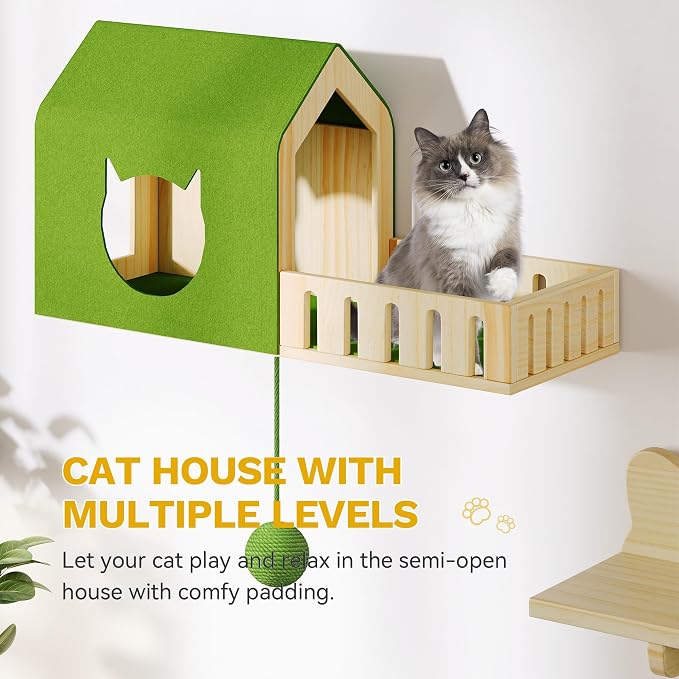 YITAHOME Cat Wall Shelves | Solid Wood Wall Mounted Cat Furniture with Green Wall House and Fence, Steps, Scratching Posts - Image 3