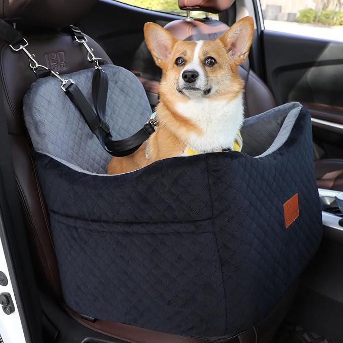 Dog Car Seat for Small Medium Dogs-Safety and Comfy Pet Booster Carseats with 2 Clip-On Satebelt & Storage Pockets,Washable and Detachable Puppy Car Seat for Dogs up to 30 lbs.(H-Black/Grey) by VERGODPRODogCarSeatBed
