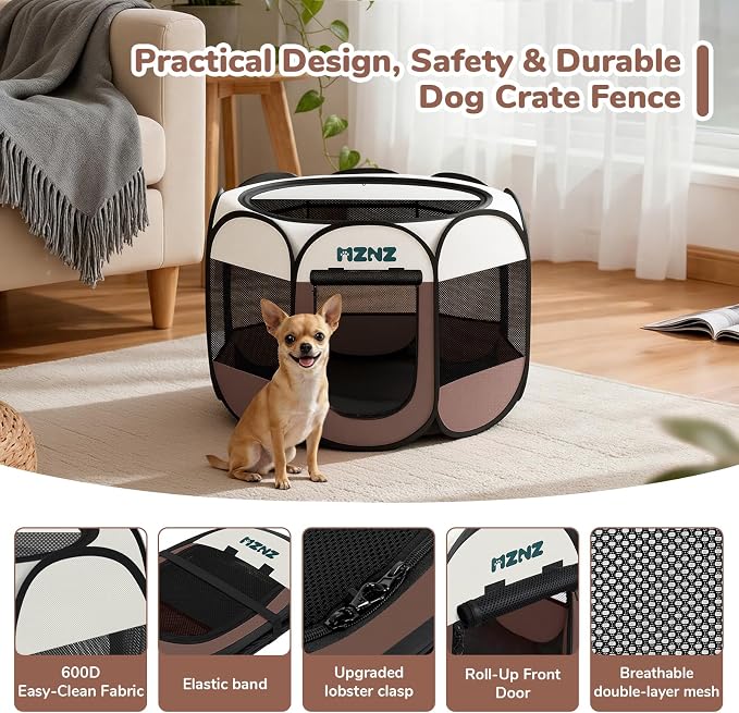 Dog Cat Small Animal Puppy Playpen Crate, Small, Brown | Portable Pop Up Pet Cage Enclosure Tent Kennel Indoor Outdoor with Carrying Case, No Assembly, Camping Use - Image 7