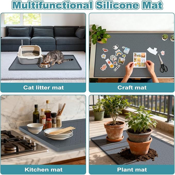 Cat Litter Mat Litter Trapping Mat, Silicone Cat Litter Box Mats for Floor, Non-Slip Litterbox Mat with Raised Edge, Easy Clean Pet Feeding Mat for Indoor Cats 34" X 22" Gray - Image 8