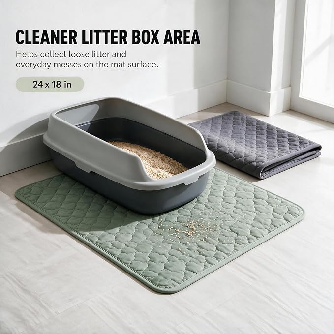 2-Pack Washable Cat Litter Mats, 24 x 18 in, Sage Green/Grey | Absorbent quilted layers with PU barrier, paw-print silicone grip, 2 pockets and 6 empty cotton pouches; catnip not included. - Image 2