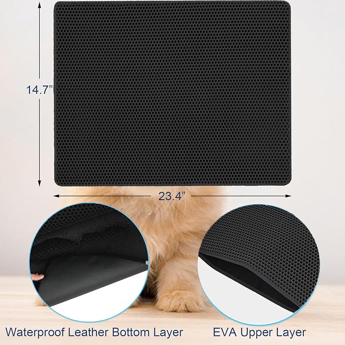 Ultra-Soft Cat Litter Mat 23.4"x14.7" Urine-Proof Non-Slip Black | Catches various litter, 3D large-pore, side-opening pour-out, easy clean, soft & durable, BPA-free, small litter mat - Image 2