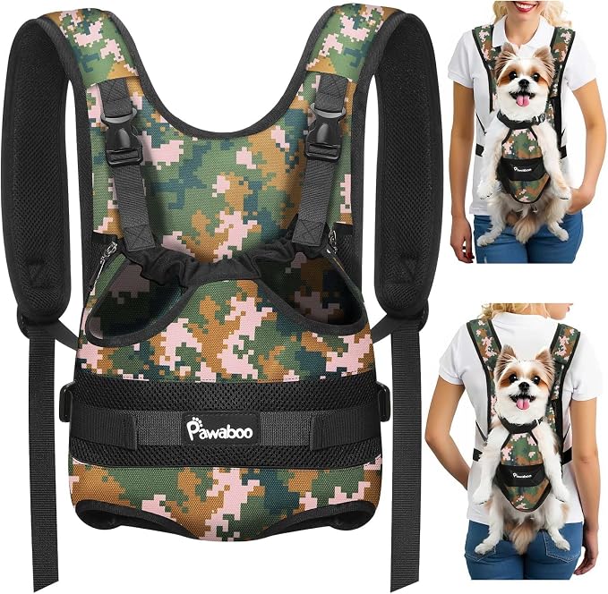 Pawaboo Pet Front Carrier Backpacks for Small Medium Dogs | Legs Out Easy-fit,Adjustable Straps,Hands-free,for Travel Hiking Cycling Camping Camo M by Pawaboo