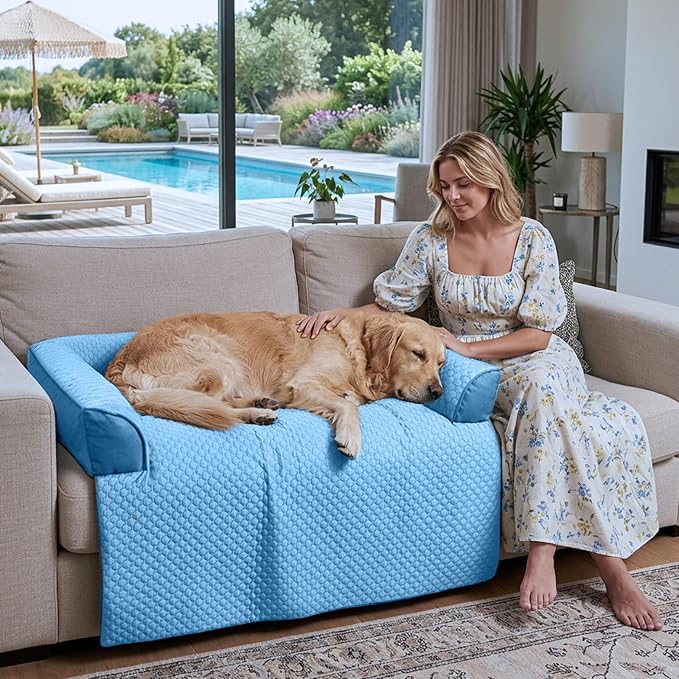 GGIB Cooling Dog Bed Mat with Bolster Pillow Washable Dog Couch Cover Breathable Summer Pet Couch Bed Protector Indoor(Extra Large, Cooling Blue) - Image 2