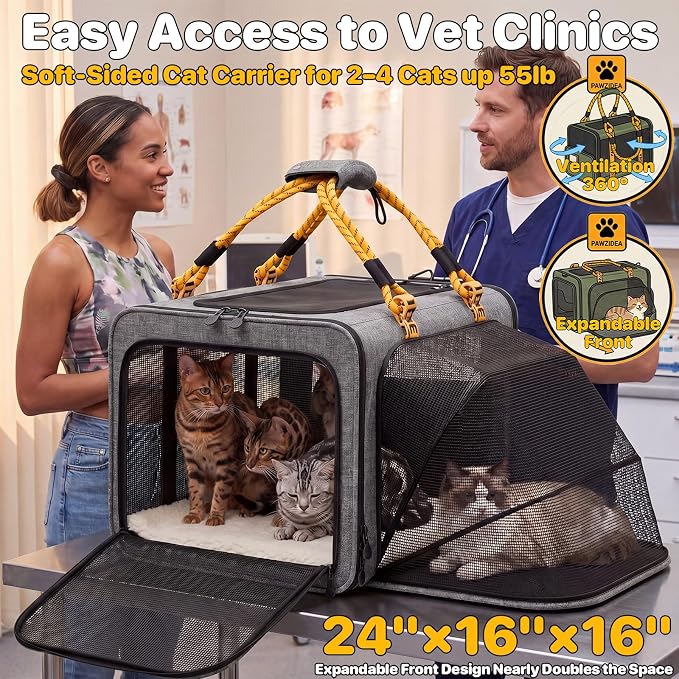 PAWZIDEA Expandable Large Pet Carrier, Soft-Sided 2–4 Cats Carrier Up 55lbs | 24"×16"×16" Collapsible Small to Medium Dog Carrier Travle Bag, Portable Dog Crate for Car Travel, Breathable, Storage Pocket - Image 6