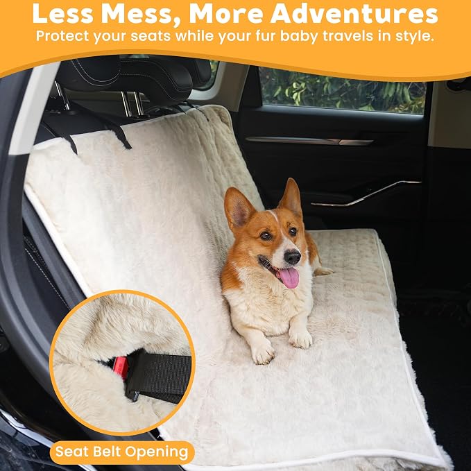 Dog Car Seat Cover, Waterproof Plush Pet Seat Protector, Beige, Back Seat | Faux rabbit fur, waterproof layer, non-slip silicone backing, side flaps, machine washable, fits most cars and SUVs - Image 6
