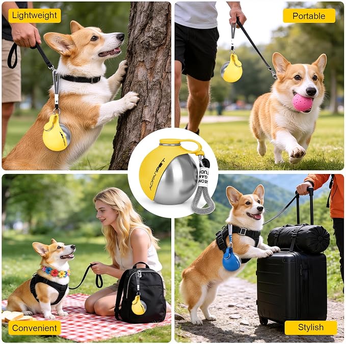 Portable Dog Water Bottle 10oz Stainless Steel Travel Dog Water Dispenser with Bowl No-Spill Puppy Water Bottle for Walking Hiking Small Dog Water Bottle (Yellow) - Image 4
